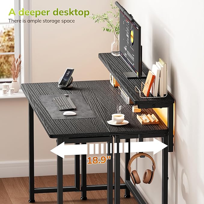 Folding DeskFoldable Computer Desk with Monitor Stand39.4 Inch Gaming Desk with LED Lights &amp HooksSpace Saving Sofa Table for CouchHome Office Desk for Bedroom Living RoomBlack
