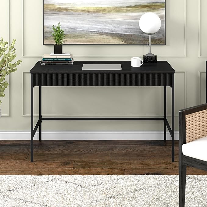 Henn&ampHart 48 Fluted Mid-Century Modern Rectangular Wooden Home Office Desk Computer Desk Writing Table with 3 Ribbed Storage Drawers for Bedroom Living Room or Home Office Ebony