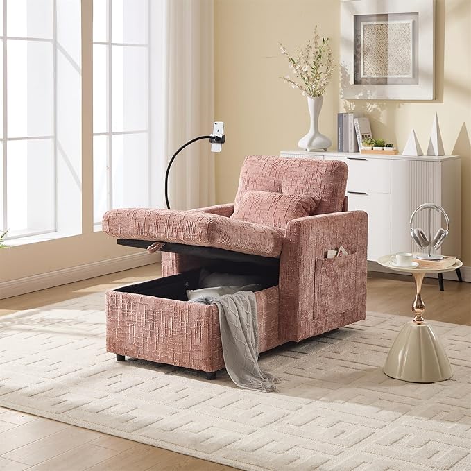 Multifunctional Recliner Sofa Chair with Storage Phone Holder &amp Adjustable Backrest Chenille Fabric Single Leisure Chair for Living Room Bedroom Small Spaces (Pink)