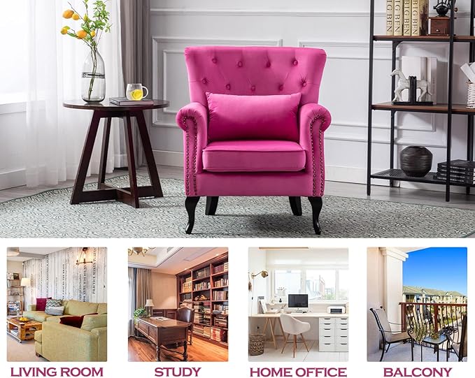 Kmax Velvet Tufted Accent Chair Mid Century Throne Chair Comfy Sofa Chair Padded Seating WingBack Unique Wood Legs Home Club Bedroom Living Room Rose