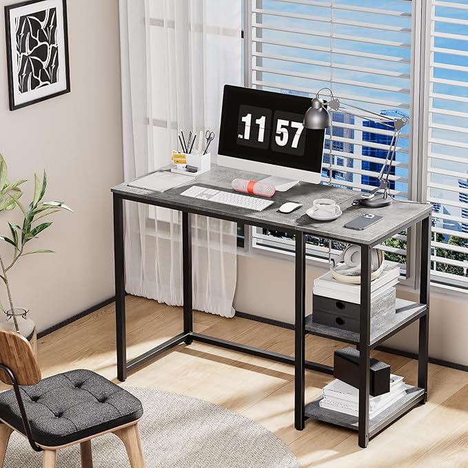 SINPAID Computer Desk 40 inches with 2-Tier Shelves Sturdy Grey Desks with Large Storage Space Modern Gaming Desk Study Writing Laptop Table Gray