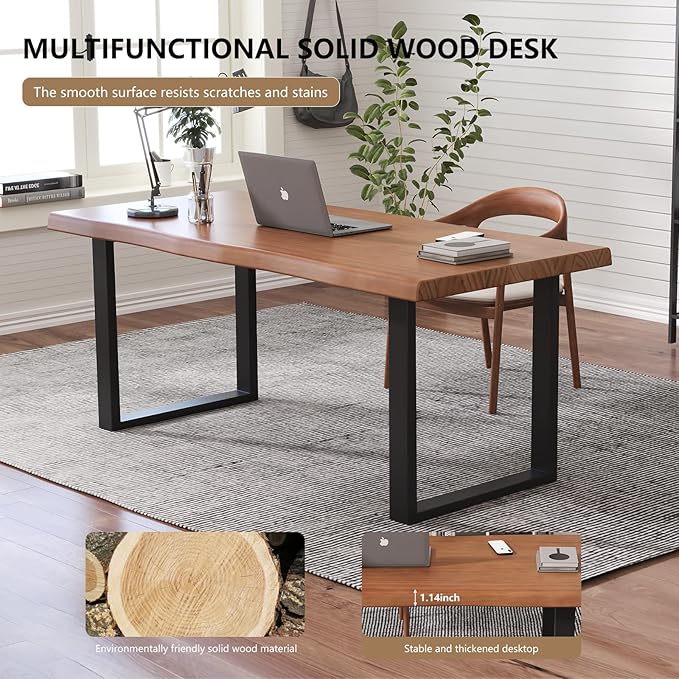 Solid Wood Office Desk 47.24 Tan Executive Computer Desk with Heavy-Duty Metal Base Multi-Purpose Desk/Dining Table Ideal for Home Office &amp Work Environments