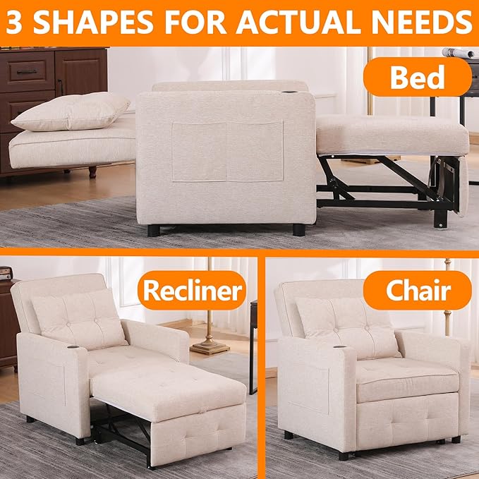 3 in 1 Boucher with Pull-Out Sofa Convertible Lazy Sleep Armrest Sofa Chair with Storage Pockets and Adjustable Backrest Comfortable Folding Seat Bed Bedroom Bed (Dark Grey) (Beige)