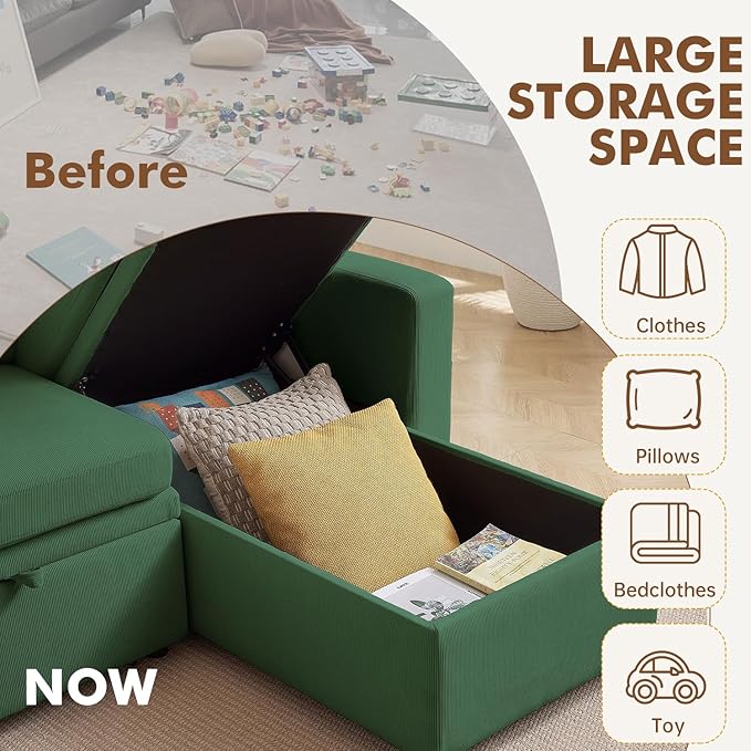 Pull Out Sleeper Sofa Bed 2 in 1 Pull Out Comfy Corduroy Couch with Storage &amp Side Pocket Convertible L Shaped Couch Bed for Living Room Apartment Green