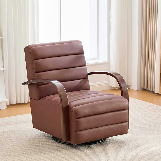 KEIKI 30.3 Upholstered Swivel Accent Chair with Solid Wood Armrests Comfy PU Lounge Single Sofa Chair 360° Swivel Armchair Sofa Chairs for Living Room Bedroom Office Brown