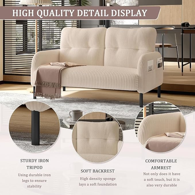 Corduroy Loveseat for Living Room &amp Bedroom - Modern 2-Seater Sofa with Storage PocketsSolid Wood Frame High-Density FoamComfortable Compact Couch for Small Spaces500 lb Capacity (Beige)