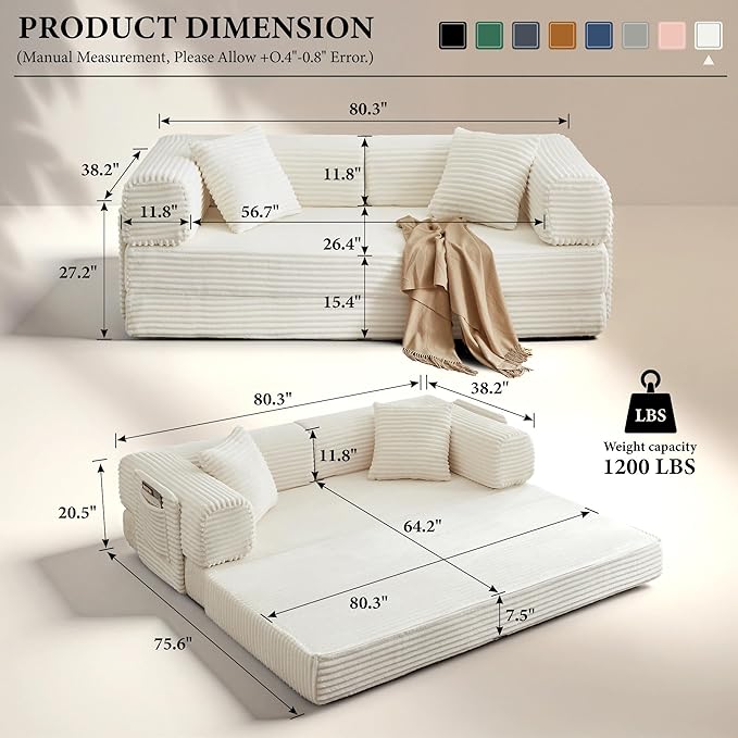 Boneless Couch Folding Couches for Living Room Sofa Futon Sofa Bed with Sleeper Sofa Futon Couch with Fixed-Shape Oversized Corduroy Upholstered (White 81 Inches)