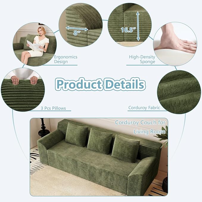 71Cloud Loveseat SofaModern 2-Seater Boneless Couch with 3Pillows &amp Side PocketSoft Corduroy Love seatCompressed FoamDeep SeatNo Assembly for Living RoomBedroomApartment(Tilted ArmrestGre
