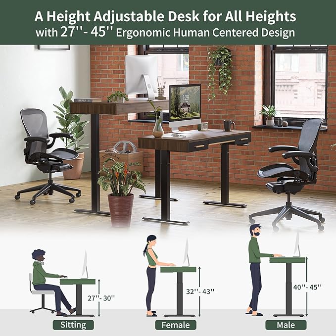 FEZIBO Mid Century Modern Electric Standing Desk with 3 Drawers 48 x 26 Inches Whole Piece Sit Stand Up Home Office Desk Black Walnut Top with Black Frame (2 Packages)