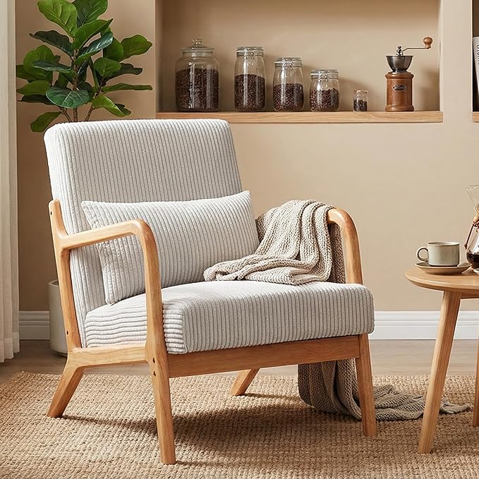 Mid Century Modern Accent Chair Upholstered Corduroy Armchair with Lumbar Pillow Solid Rubberwood Frame for Living Room Bedroom Waiting Room Beige