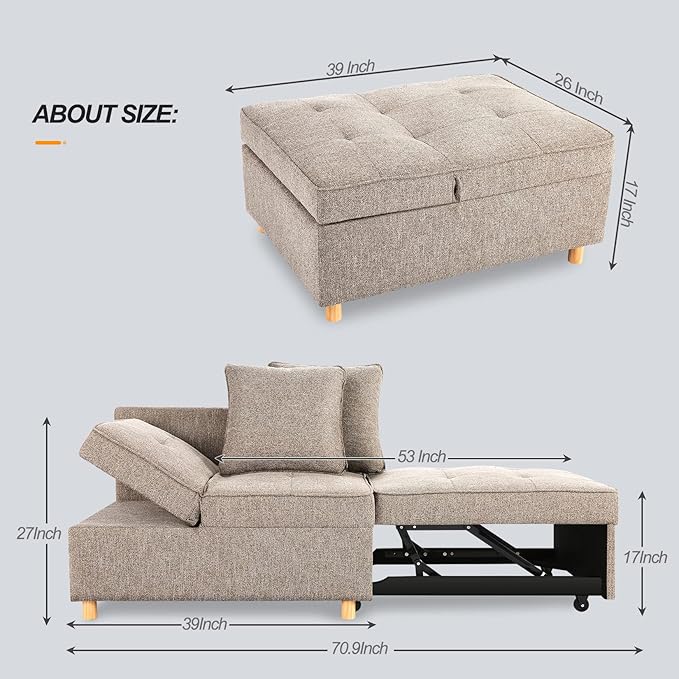 SEJOV Sofa Bed Chair 4-in-1 Convertible Chair Bed 3-Seat Linen Fabric loveseat Sofa with 2 Throw Pillow Single Recliner for Small Space with 5 Adjustable Backrest Brown Grey