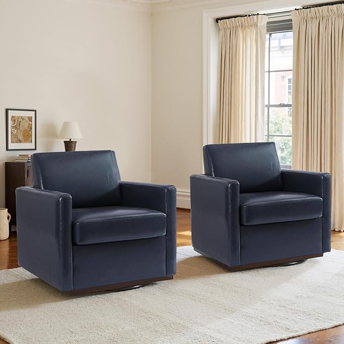 Faux Leather Swivel Accent Chairs Set of 2 360° Swivel Upholstered Club Armchairs for Living Room 31 Wide Square Single Sofa Reading Chair with Deep Seat Metal Swivel Base Navy