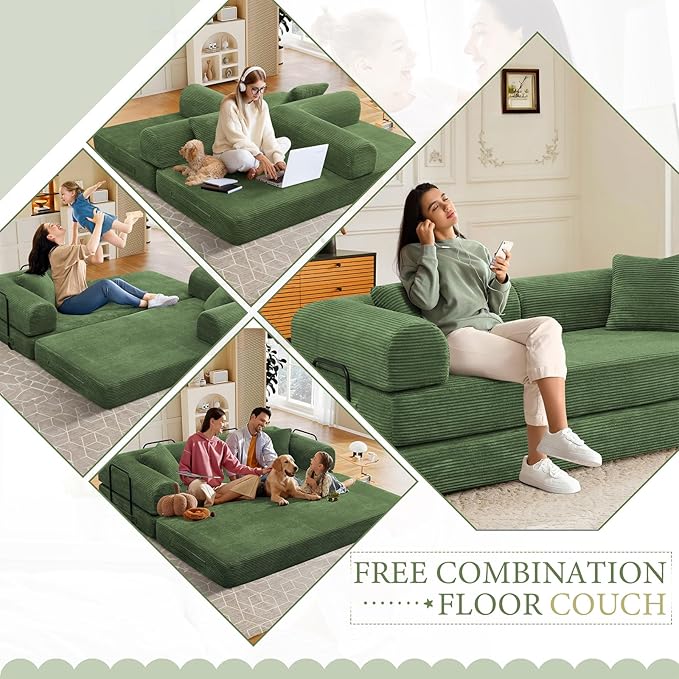 78 Convertible Sleeper Sofa Bed with Cylindrical Pillow Corduroy Folding Mattress Couch with Fixed Frame Floor Sofa Lounge Couch for Living Room Bedroom Apartment Army Green