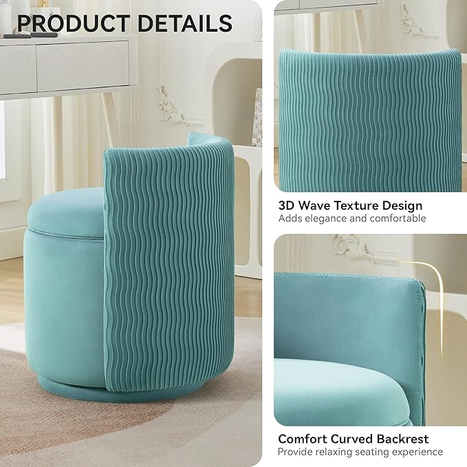 Velvet Vanity Chair with Storage 360° Swivel Makeup Chair with Wave Back No Assembly Small Accent Stool for Bedroom Dressing Living Room Teal