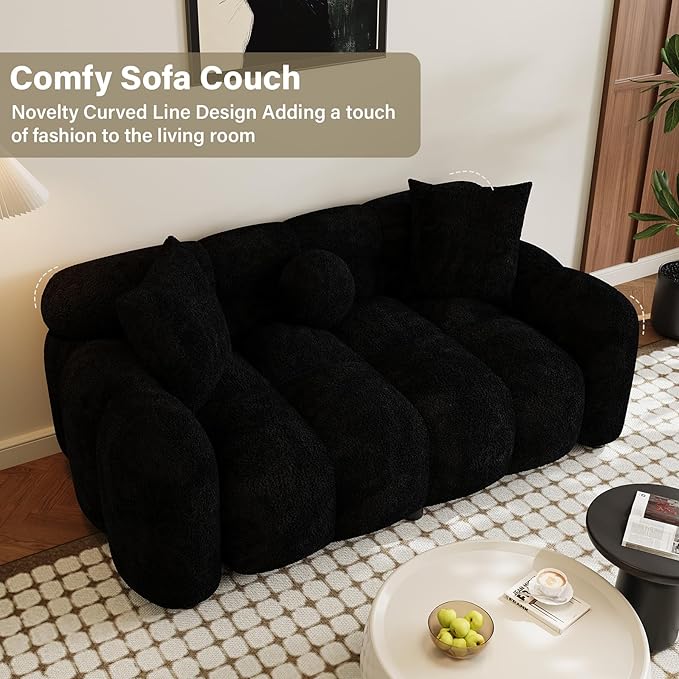 Boucle Sofa Couch 64.7 Modern Tufted Upholstered Teddy 2 Seater Loveseat Sofa with 3 Pillows Comfy Sherpa Deep Seat Cloud Couch Small Love Seat for Living Room Apartment Black