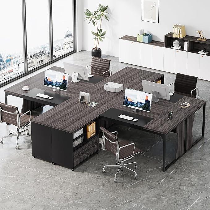 L Shaped Executive Computer Desk with Mobile File Cabinet and LED Light 63 inch Large Office Table Business Furniture with Storage and Drawers for Home Office Gray and Black