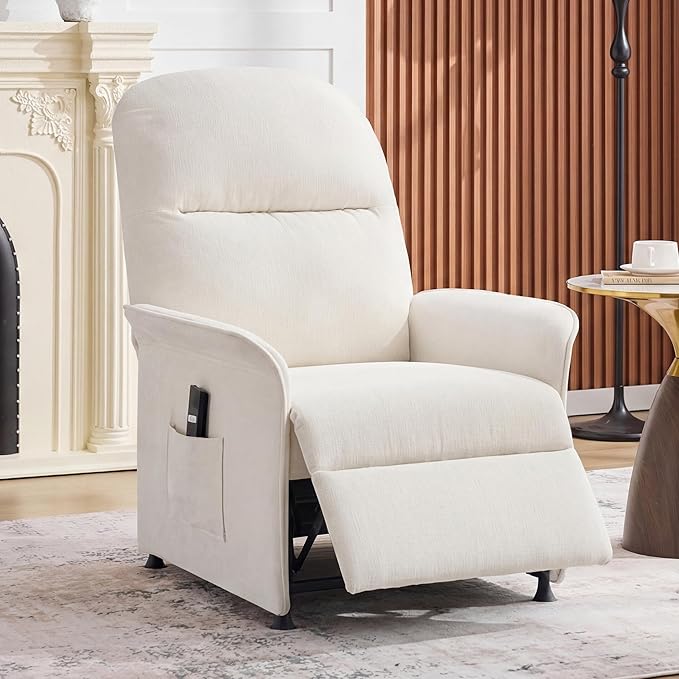 Power Recliner Chair with Remote Control 21 Wide Seat Small Recliners with Side Pocket for Adults Thick Cushions Chair for Living Room &amp Bedroom Beige