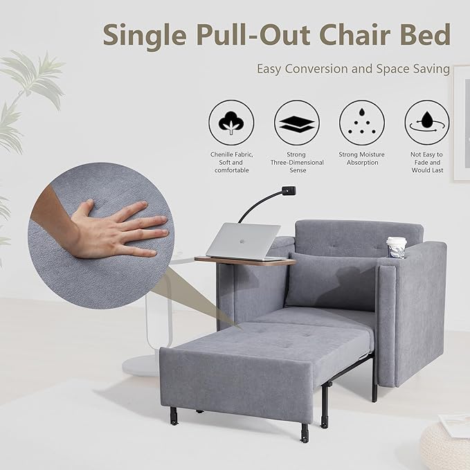 LEVNARY 3-in-1 Convertible Sleeper Chair Pull Out Bed Single Sofa Chair Sleeper for Adults with Hidden Side Table Modern Chenille Fabric Armchair for Bedroom Dorm Home Office (Gray)