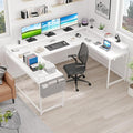 78 Inch Large Computer Desk with Power Outlets &amp USB Ports u Shaped Corner Desk with RGB LED Lights Monitor Stand &amp Storage for Home and Office White
