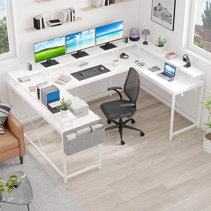 78 Inch Large Computer Desk with Power Outlets &amp USB Ports u Shaped Corner Desk with RGB LED Lights Monitor Stand &amp Storage for Home and Office White