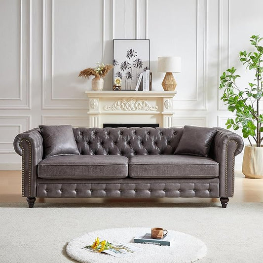 Modern Chesterfield Sofa Couch 85.5-inch Faux Leather 3-Seater Sofa with Rolled Arms and Tufted Button for Living Room Office Grey