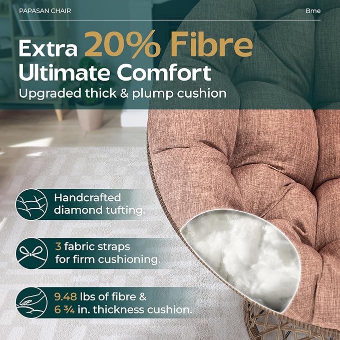 Bme 40 Ergonomic Wicker Papasan Chair with Soft Thick Cushion &amp Frame 360° Swivel Circle Reading Comfy Chair for Living Room Bedroom