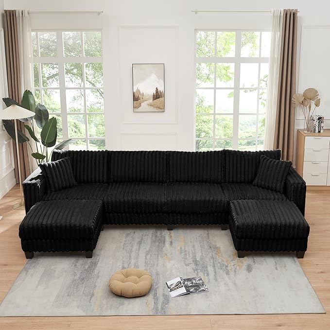 137 Cloud Couch Modular Sectional Sofa U Shaped Sectional Couch with Movable Ottoman Modern Large Convertible Comfy Faux Rabbit Fur 6 Seat Couches for Living Room Bedroom (Black)