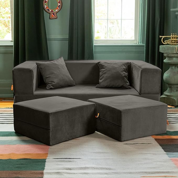 Jaxx Zipline Convertible Sleeper Loveseat &amp Ottomans Textured Microvelvet - Charcoal