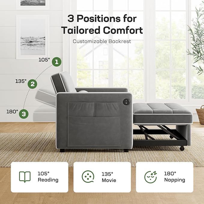 Marsail 3-in-1 Convertible Futon Sleeper Sofa Bed Pull Out Couch with Adjustable Backrest USB Charging &amp Side Pockets Velvet Fabric Sofa for Living Room Apartment Loveseat Grey
