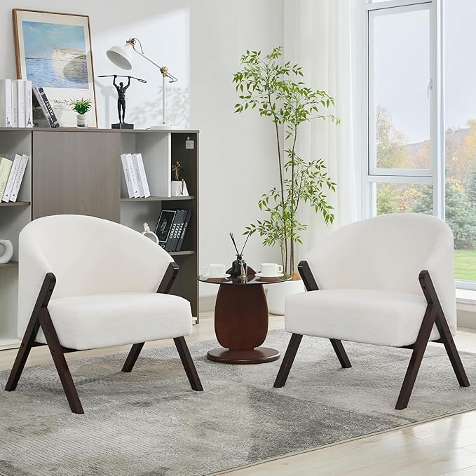 TrailBlaze Comfortable Mid-Century Modern Accent Chair for Living Room – Upholstered Reading Armchair with Sturdy Wood Frame Soft Fur Fabric Easy Assembly – Deep Walnut Foot | Soft Fur | Beige