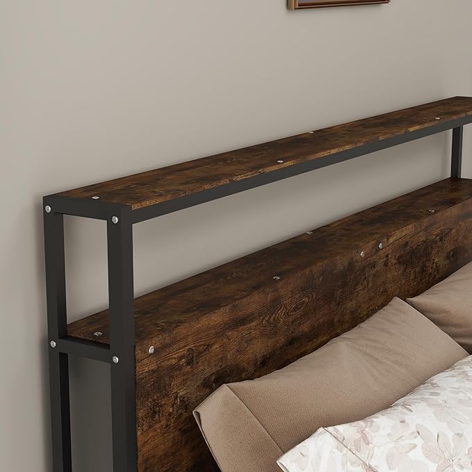 Panana Queen Bed Frame with Storage Headboard Platform Bed with 4 Drawers No Box Spring Needed Easy Assembly Vintage Brown
