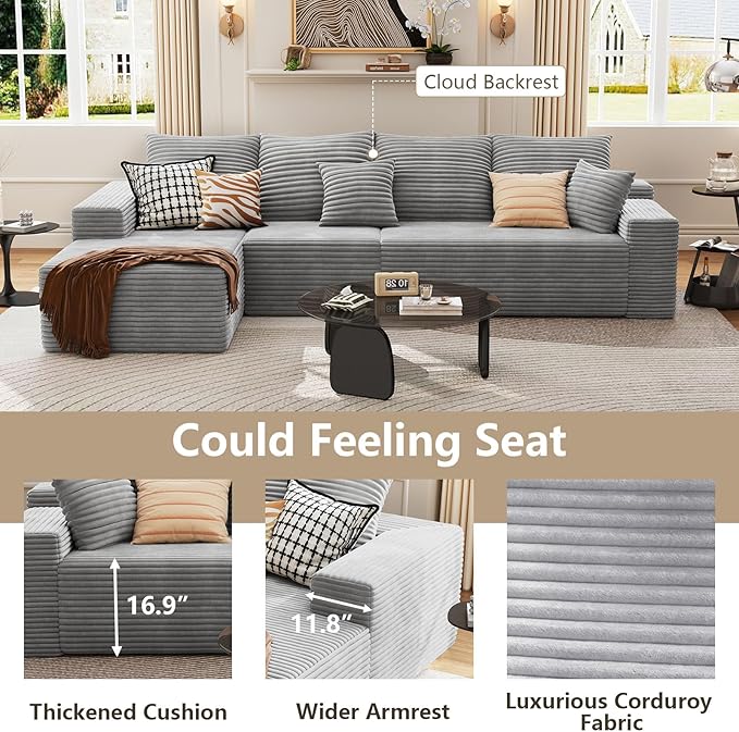135.4 Cloud Sectional Couch with L-Shape Chaise Modern Modular 4-Seater Sofa with Deep Seat Corduroy Upholstered Couches for Living Room Bedroom No Assembly Required(Grey Left Facing)