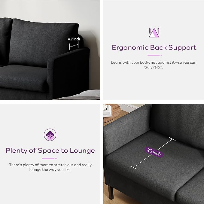 TYBOATLE Modern Linen Fabric Small Couches for Small Spaces Comfy Upholstered Love Seat for Bedroom 2 Seater Mini Couch for Apartment Dorm Office Dark Grey