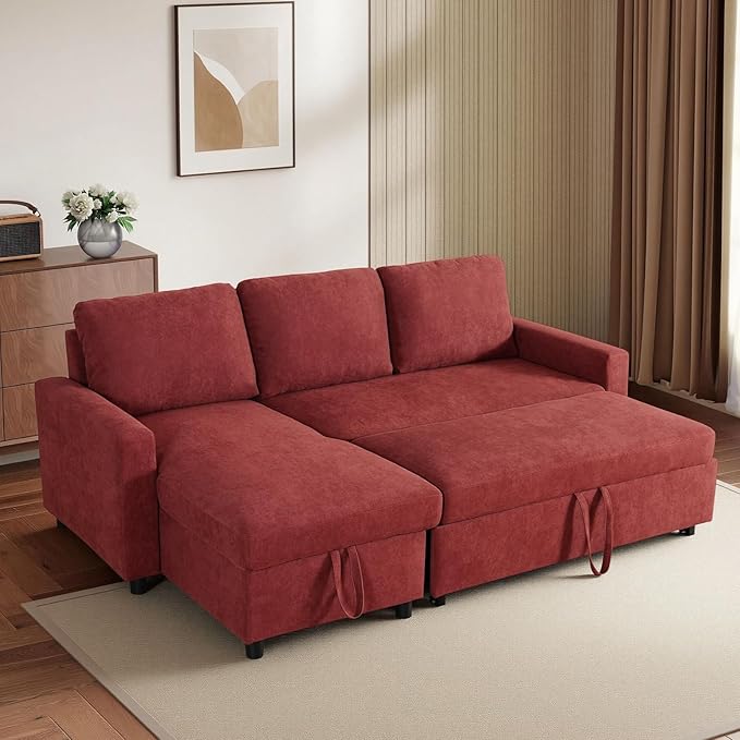 L-Shaped Sleeper Sofa with Chaise Lounge &amp Storage Pull-Out Couch Bed with Recliner Full Size Futon for Living Room Office Apartment Red
