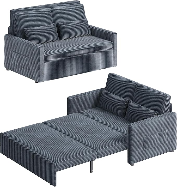 Ahomly 77.2'' Extended Pull Out Sofa Bed 3-in-1 Convertible Loveseat Sleeper Couch Bed Corduroy Sofa for Living Room Bedroom Apartment Dark Grey