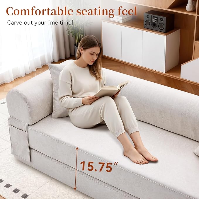 4-in-1 Folding Convertible Sofa Bed 78 Inch Faux Leather Boneless Couch Loveseat Sleeper with Pull Out Bed Floor Sofa Modular Futon Teddy Sofa for Living Room Bedroom Lounge Beige