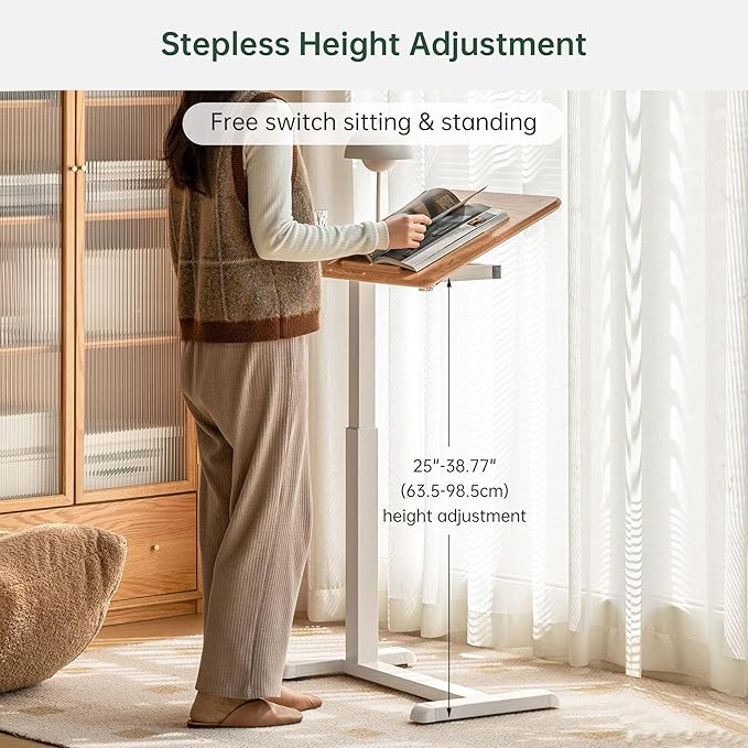 Height Adjustable Bedside Desk 100% Solid Wood Overbed Table with Wheels Rolling Laptop Table for Home Office Study Bedroom