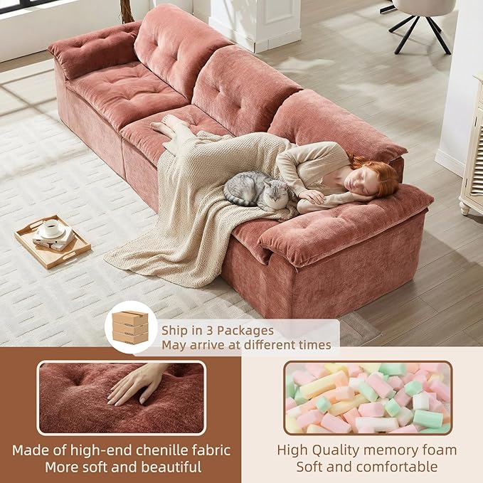 118” Cloud Sectional Couch Deep Seat Boneless Sofa for Living Room with 3 Seater Chaise Comfy Chenille Modular Sectional Sofa Made of Memory Foam No Assembly Required (Orange)