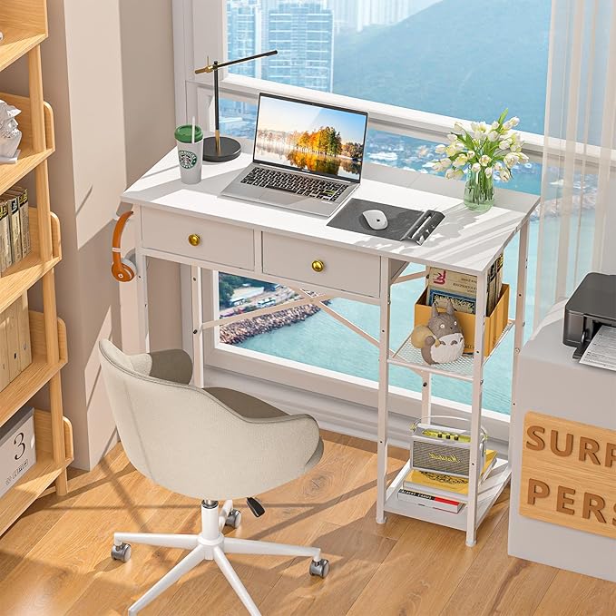 White Computer Desk 36 Inch Small Desk with Drawers Home Office Desk with Storage Shelves for Bedroom Living Room Dorm Vanity Desk for Small Spaces White