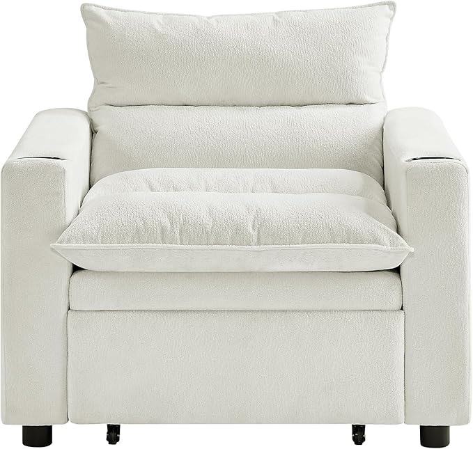 Velvet Single Sofa Bed 2 in 1 Convertible Sleeper Sofa with Pullout Bed Thickened Back &amp Seat Cushion Cup Holder Modern Daybed Couch for Small Spaces Living Room Bedroom Apartment Office (Beige)