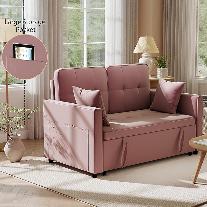 Pull Out Sofa Bed: 56 Pink 3 in 1 Convertible Sleeper Sofa Bed Velvet Loveseat Sleeper Couch with Storage Comfy Futon Couch Beds for Living Room | Velvet