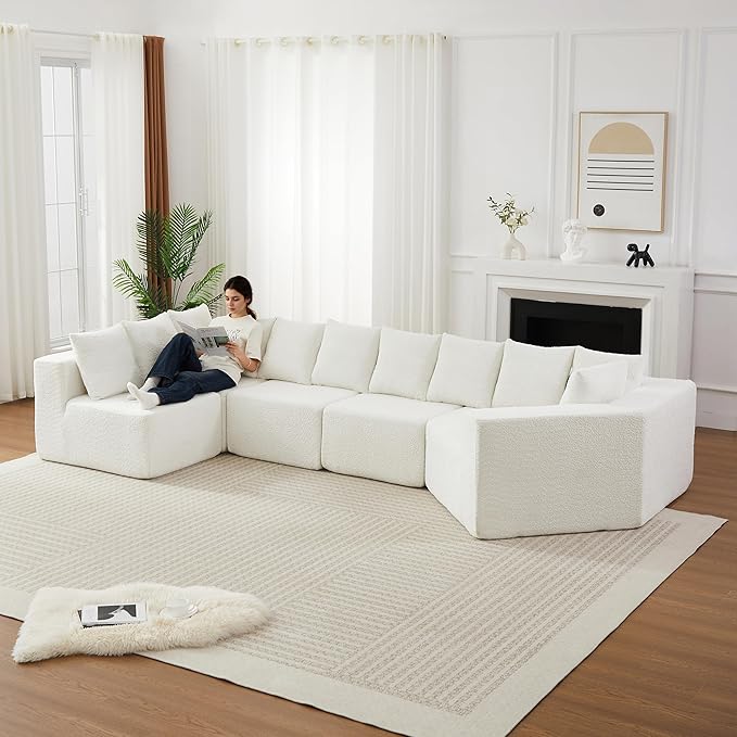 KEIKI 151.6 Extra Large L-Shaped Sofa Chenille Sectional Cloud Couch with 11 Pillows Curved Boneless Sofa for Living Room Guest Bedroom Beige