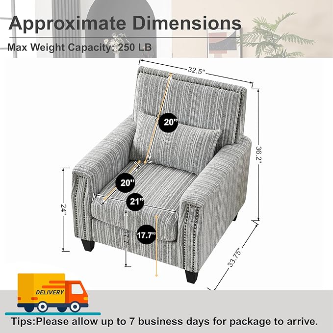 Stripes Accent Chair Modern Upholstered Boucle Fabric Armchair Single Sofa with Wood Legs for Living Room Patio Grey Stripes.