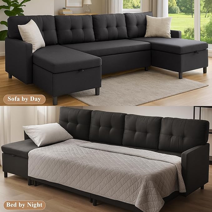 Sleeper Sofa Couch Oversized Pull Out Couch Bed with Storage Chaise Sectional Sleeper Sofa Bed for Living Room (Black Double Chaise)