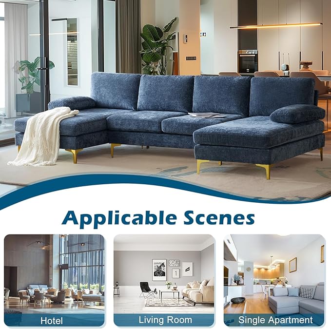 VINGLI 110 Large U-Shape Sectional Sofa Couch with 51 D Double Chaise for Living Room Modern Sectional Couch Set with Soft 5.9 Thickness Seating Padding Chenille FabricMetal Gold Legs(Blue)
