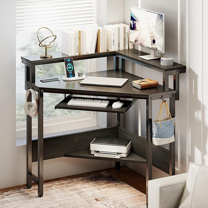 DUMOS Conner Desk Home Office Computer Desk for Small Space with LED Lights Gaming Table with Storage Shelves Power Outlets Monitor Stand Keyboard Tray for Bedroom Black