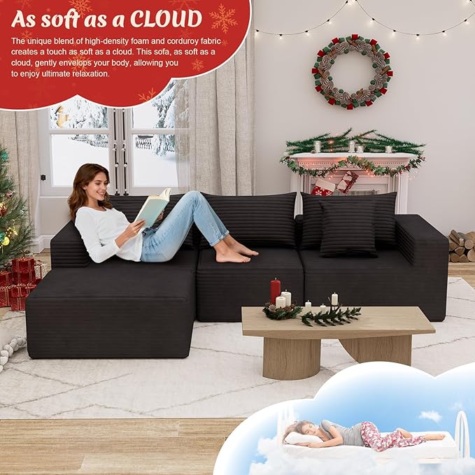 Modular Cloud Couch Sectional Deep Seat No-Bone Corduroy Sofa with Ottoman Oversized Comfy Modular Sofa for Living Room Bedroom Apartment No Assembly Flexible Layout (Black Loveseat+Ottoman)