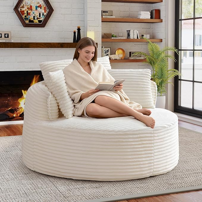 Antetek 53-inch Round Chaise Lounge Chair Indoor Modern Cloud Single Corduroy Couch with 3 Pillows Boneless Compressed Memory Foam Sofa Chair for Living Room Bedroom Apartment Beige