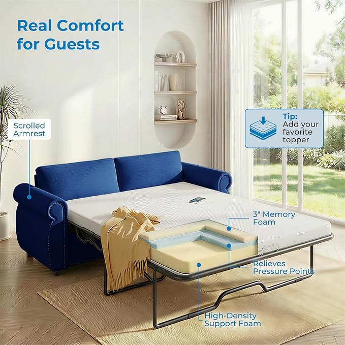 Mjkone 2 in 1 Pull Out Sofa Bed Full Size with Tri-Folding Mattress Convertible Sleeper Sofas Couch with Pullout Bed Pull Out Couch Beds with Nailhead Armrests for Living Room Home Office Blue