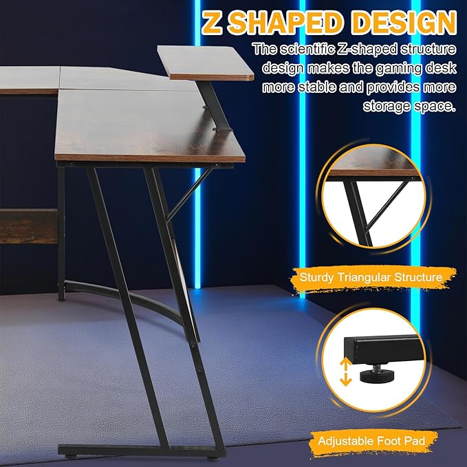 51 Inch L Shaped Gaming Desk Corner Computer Desk with Detachable Monitor Stand for Home Office Learning Gaming WorkstationBrown